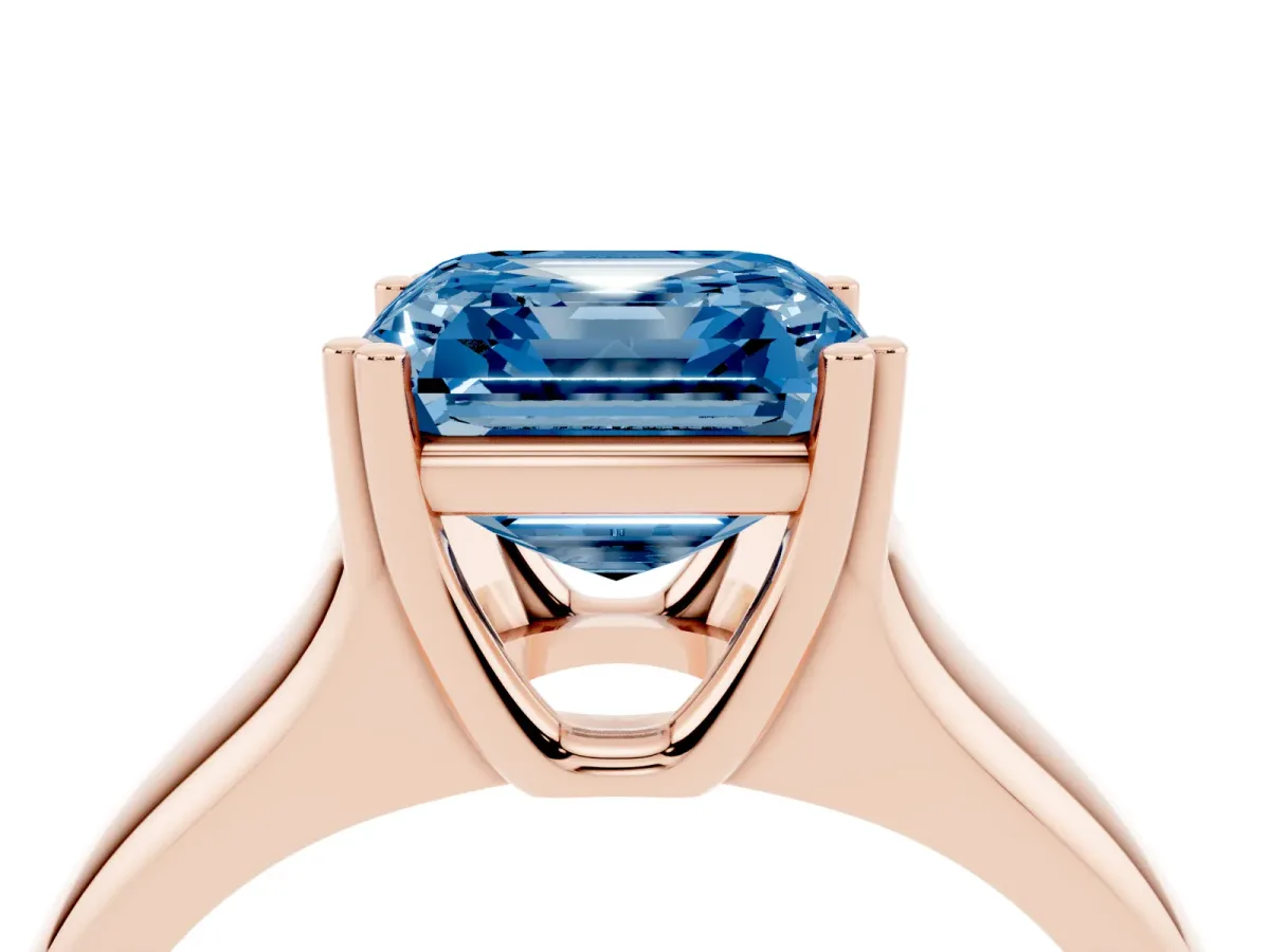 Fancy Blue Asscher Cut Diamond Solitaire Ring with Wide Band and Prong Setting Rose gold