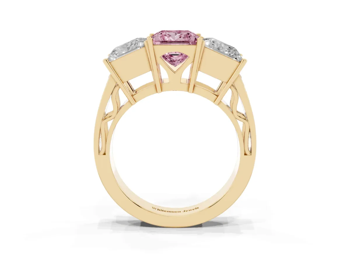 Fancy Pink Princess Cut Diamond Three-Stone Ring with Prong Setting and Textured Band Yellow gold