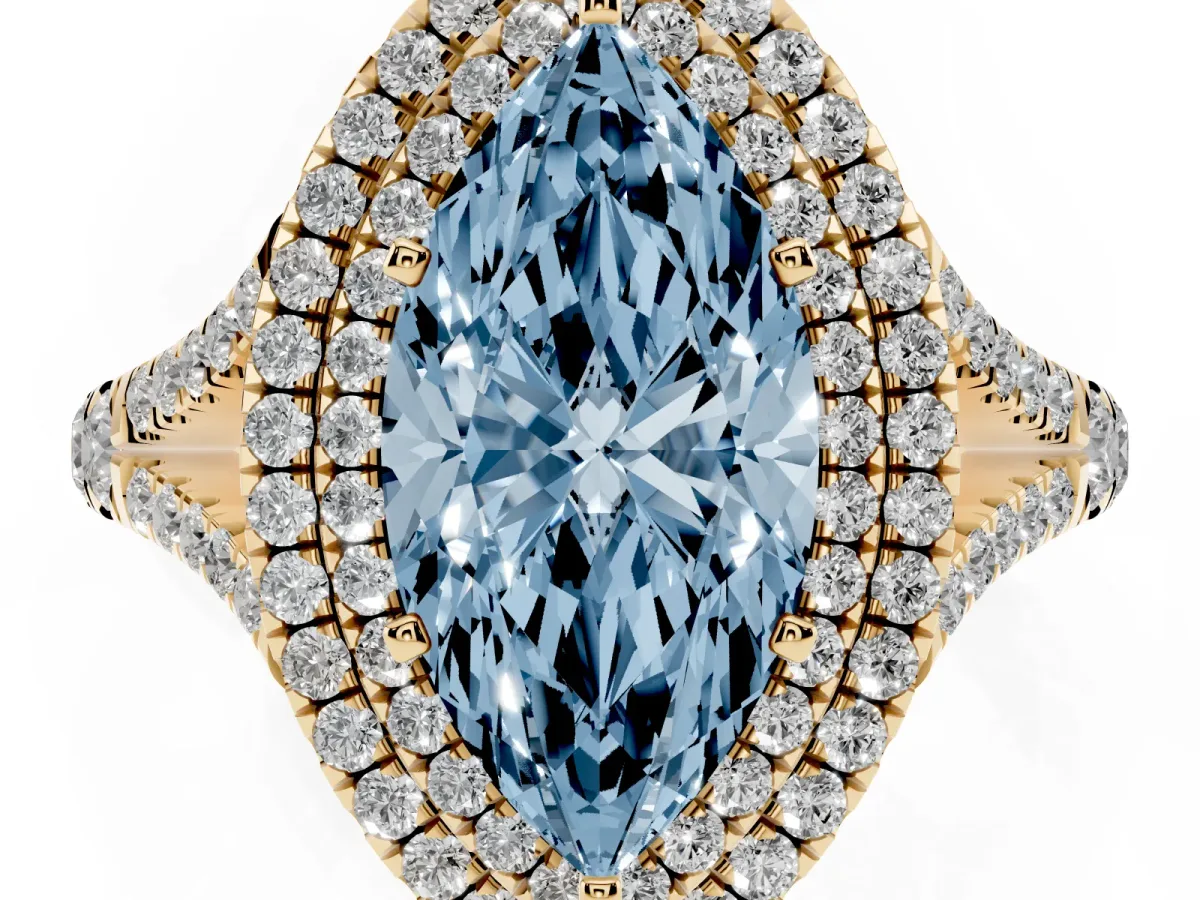 Fancy Blue Marquise Cut Cut Double Halo Split Shank Diamond Ring with Prong Setting Yellow gold