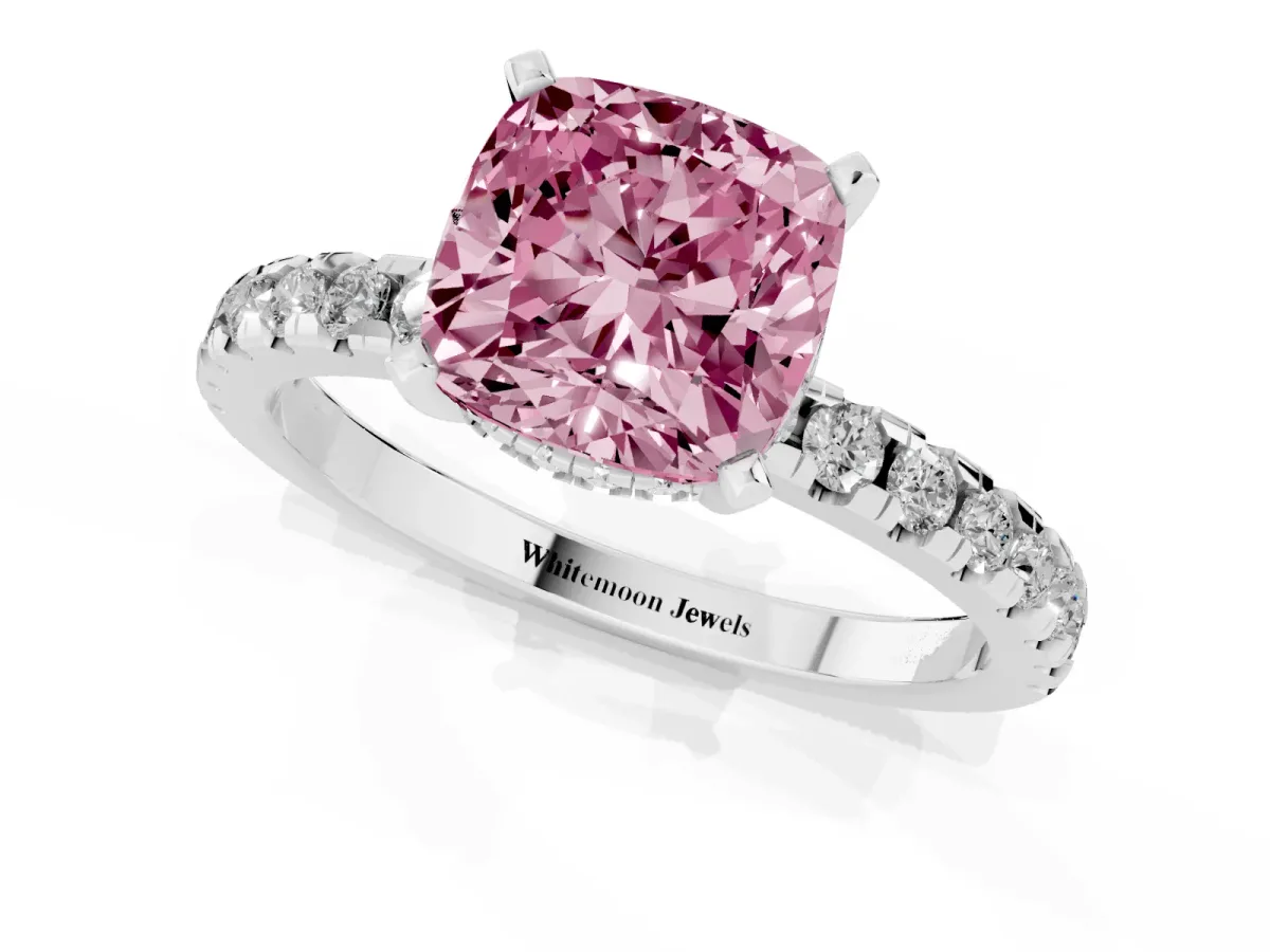 Fancy Pink Cushion Cut Diamond Solitaire Ring with Round Pavé Band and Four-Prong Setting Platinum