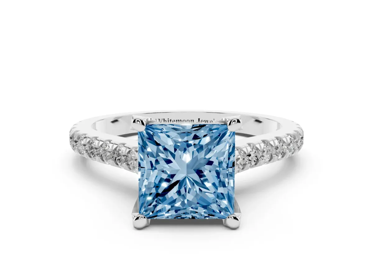 Fancy Blue Princess Cut Brilliant Diamond Solitaire with Pavé Band and Four-Prong Setting White gold