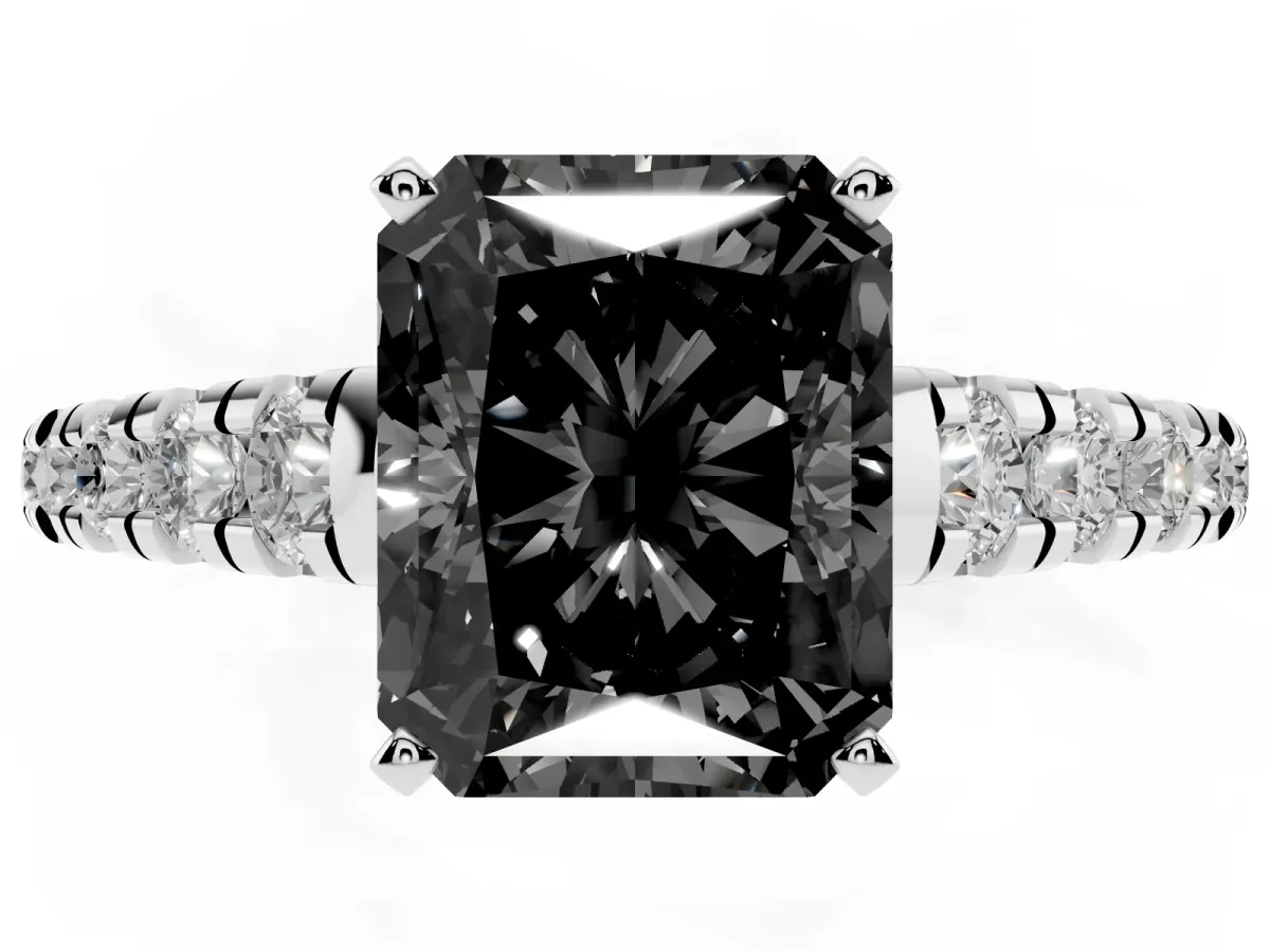 Fancy Black Radiant Cut Diamond Cathedral Solitaire Ring with Round Pavé Band Silver