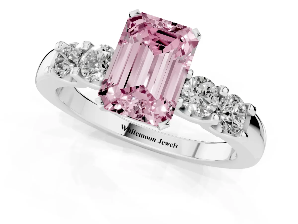 Fancy Pink Emerald Cut Brilliant Cut Diamond Five-Stone Prong Set Engagement Ring with Channel Band Platinum
