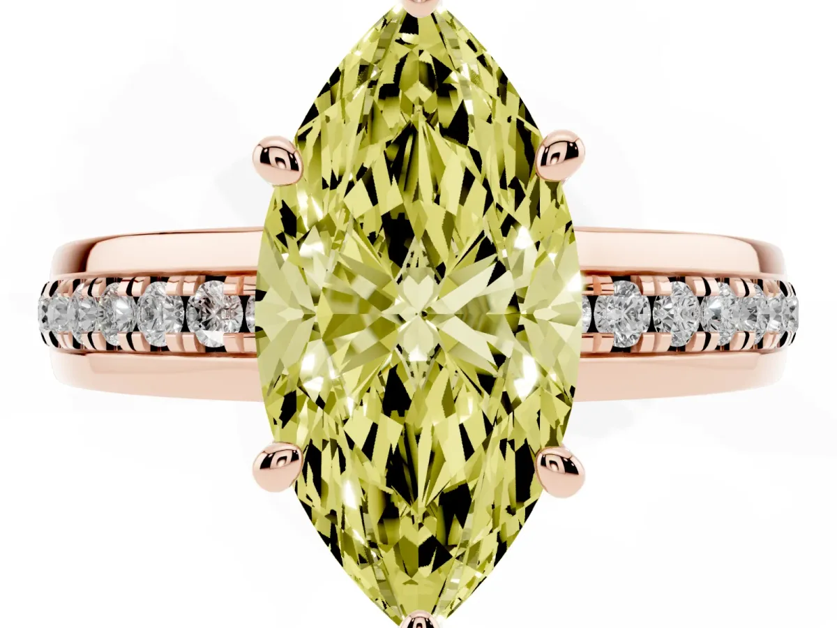Fancy Yellow Marquise Cut Solitaire Diamond Ring with Channel Set Band and Six-Prong Setting Rose gold