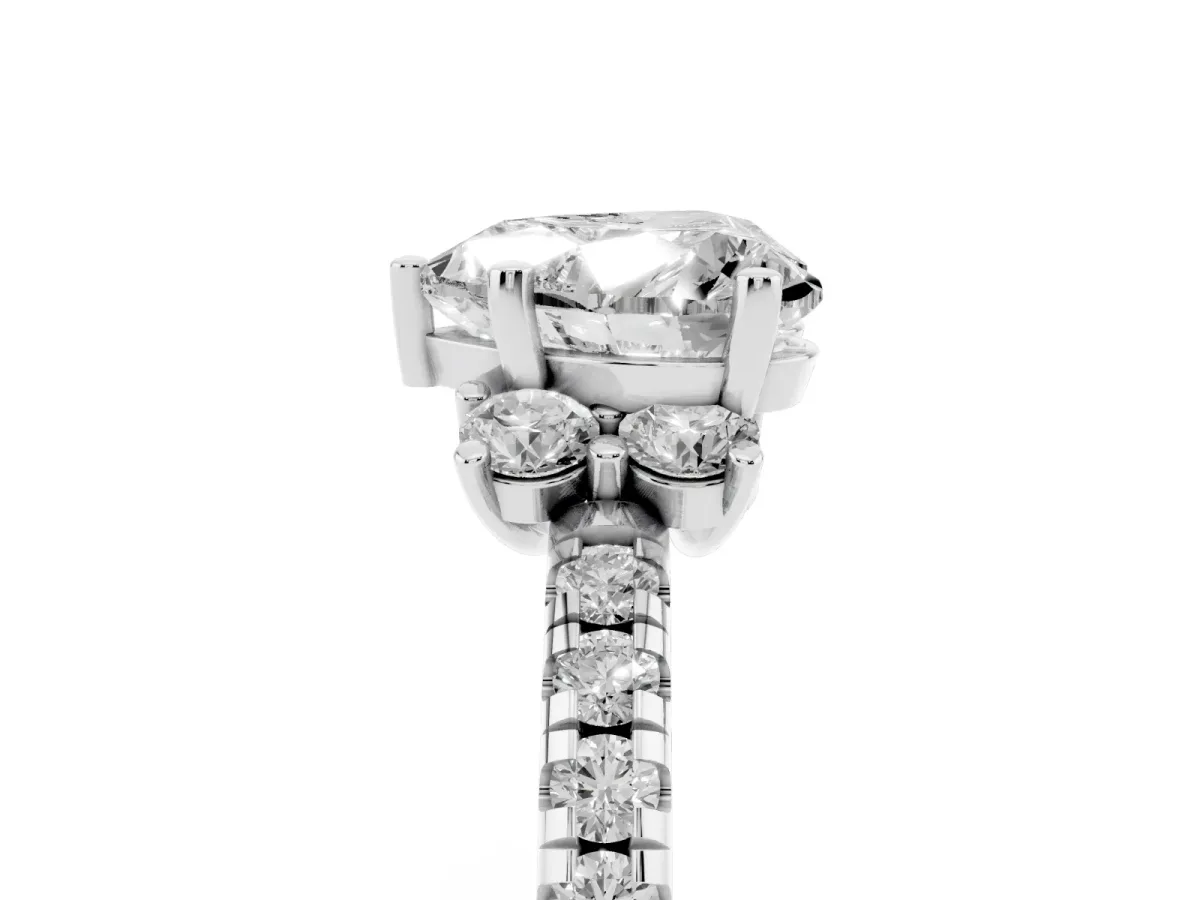 Heart Cut Diamond Three-Stone Pave Band with Four-Prong Setting Silver