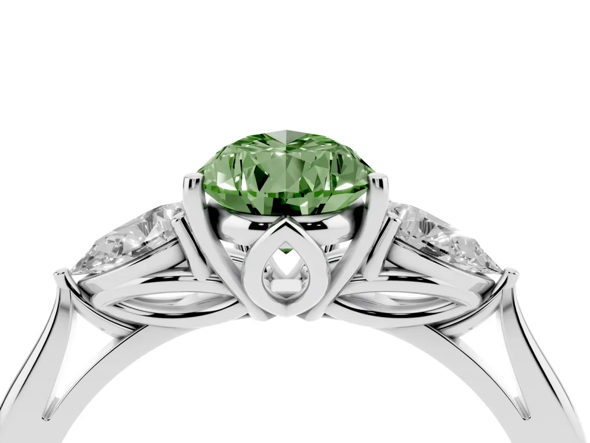 Fancy Green Pear Cut Diamond Three-Stone Ring with Pear Side Stones and Prong Setting Platinum
