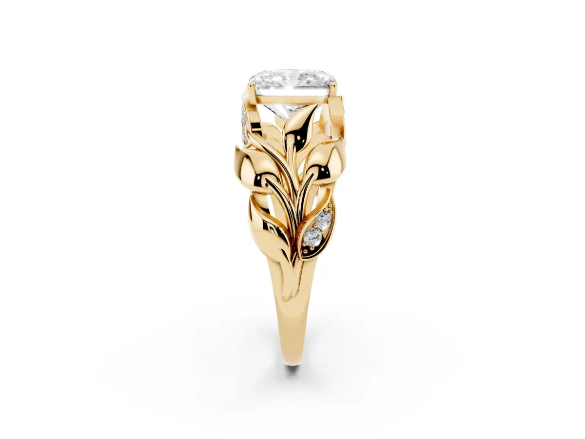 Radiant Cut Diamond Leaf-Inspired Engagement Ring with Round Accents and Prong Setting Yellow gold