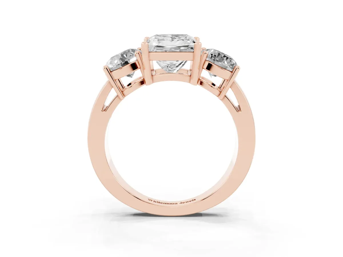 Three-Stone Princess Cut Diamond Ring with Round Side Stones, Classic Band, and Four-Prong Setting Rose gold