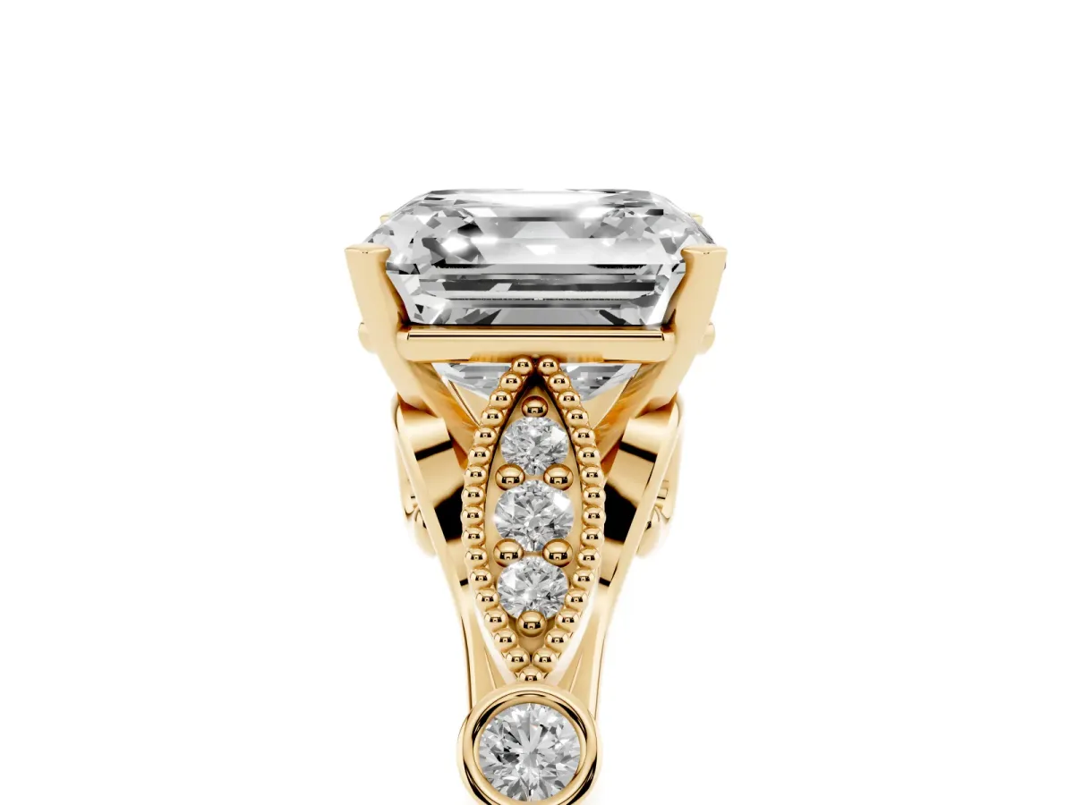 Asscher Cut Cut Diamond with Milgrain Marquise and Bezel Accents on a Solitaire Band with Prong Setting Yellow gold