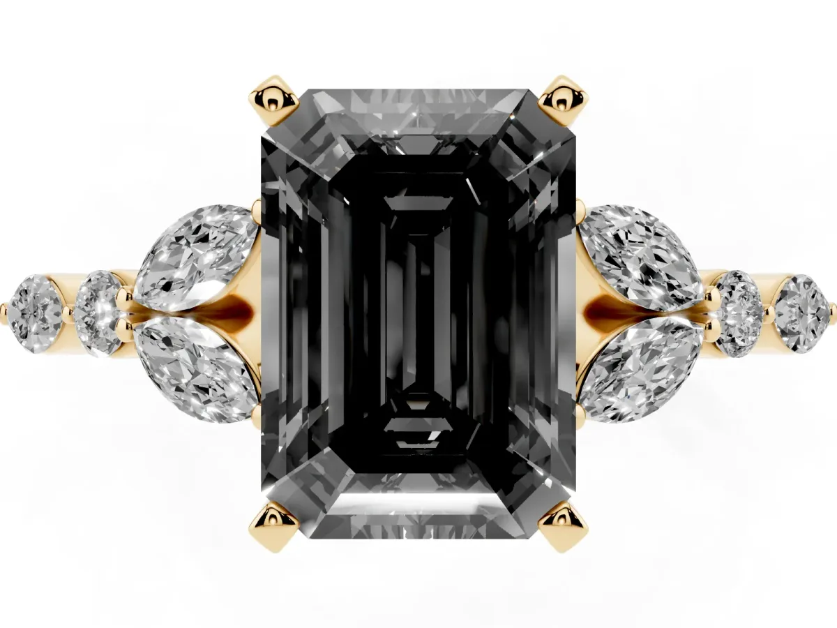 Fancy Black Emerald Cut Diamond Solitaire Ring with Side Stones and Four-Prong Setting Yellow gold
