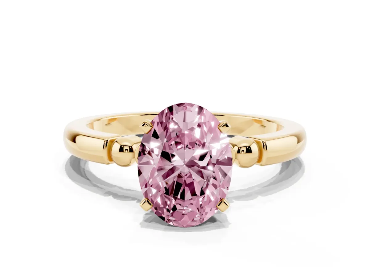 Fancy Pink Oval Cut Solitaire Beaded Band with Four-Prong Setting Yellow gold
