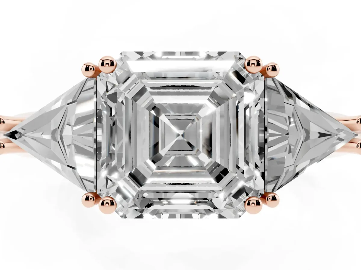 Three-Stone Asscher Cut Diamond Engagement Ring with Trillion Side Stones and Prong Setting Rose gold