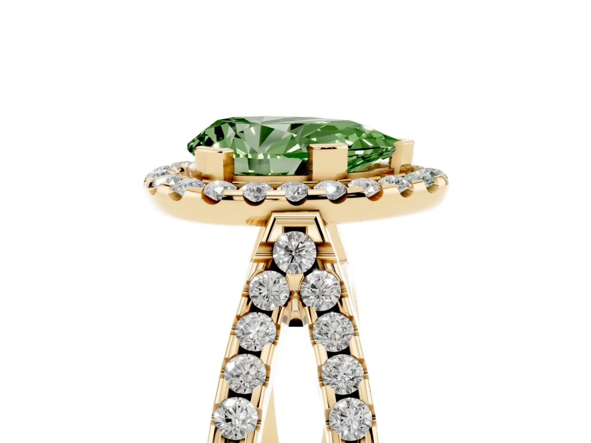 Fancy Green Pear Cut Diamond Halo Ring with Split Shank Pavé Band and Prong Setting Yellow gold