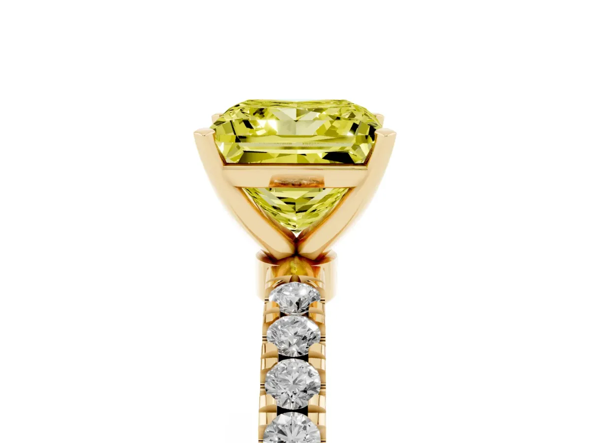 Fancy Yellow Princess Cut Diamond Solitaire Ring with Pavé Accents and Four-Prong Setting Yellow gold