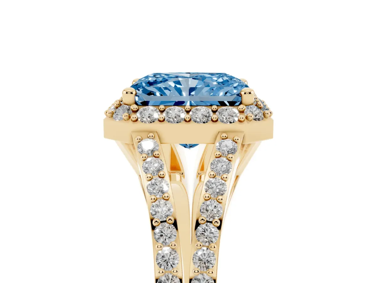 Fancy Blue Radiant Cut Halo Split Shank Diamond Ring with Prong Setting Yellow gold