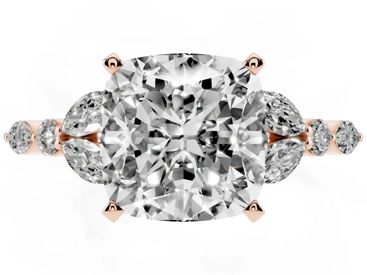 Cushion Cut Diamond Solitaire Ring with Side Stones and Four-Prong Setting Rose gold