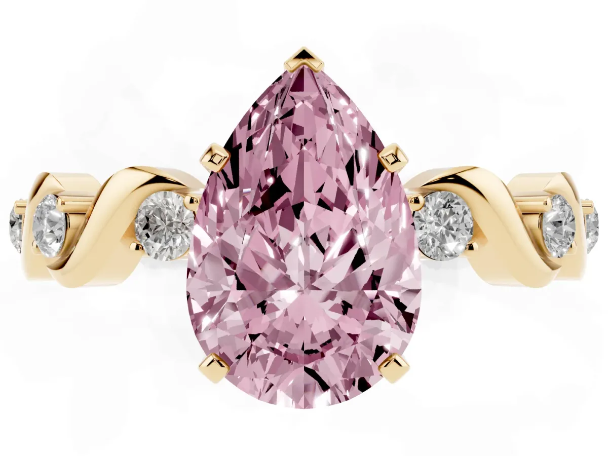 Fancy Pink Pear Cut Diamond Solitaire Twisted Band with Round Accents and Prong Setting Yellow gold