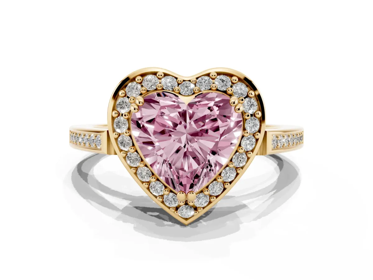 Fancy Pink Heart Cut Diamond Halo Ring with Split Shank and Four-Prong Setting Yellow gold