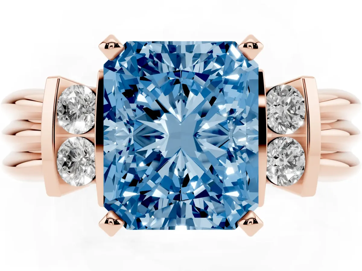 Fancy Blue Radiant Cut Cut Three-Stone Channel Set Ring with Bar Prongs Rose gold