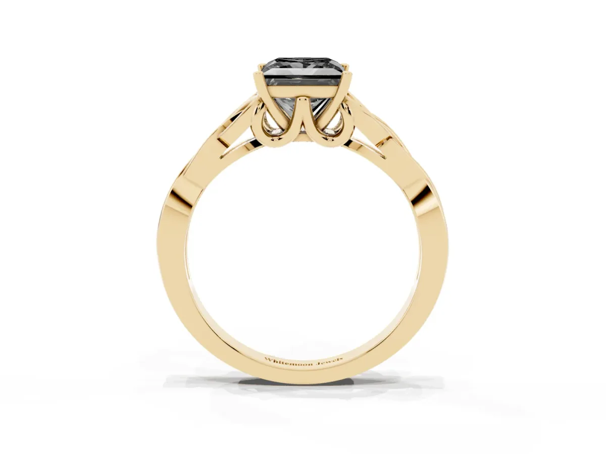 Fancy Black Princess Cut Diamond Solitaire Engagement Ring with Celtic Knot Band and Four-Prong Setting Yellow gold