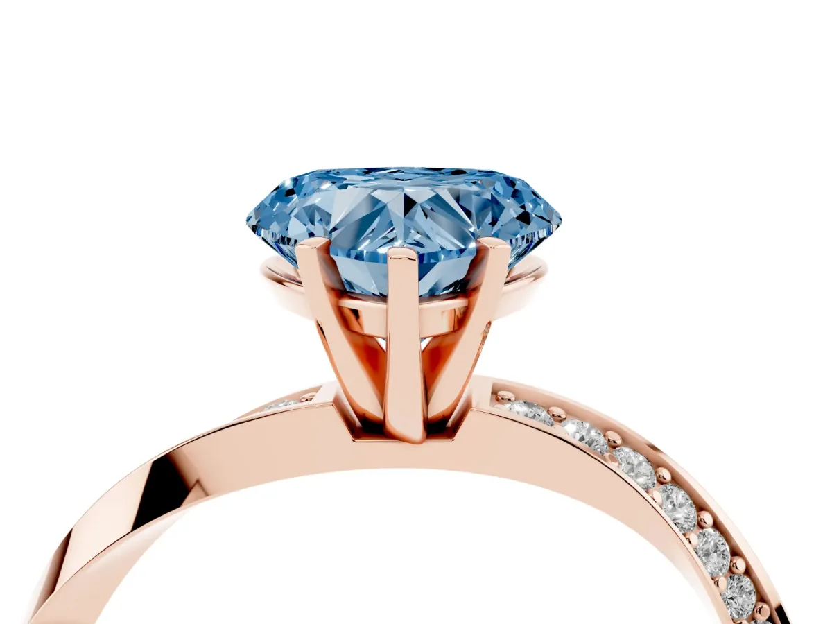 Fancy Blue Heart Cut Diamond Engagement Ring with Side Stone Accents and Four-Prong Setting Rose gold