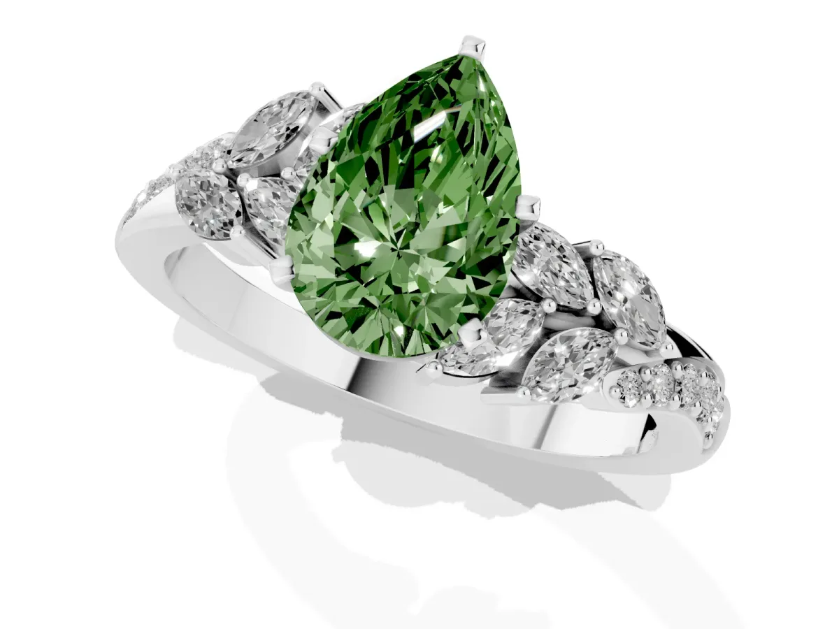 Fancy Green Pear Cut Solitaire Marquise Twist Band with Six-Prong Setting Silver