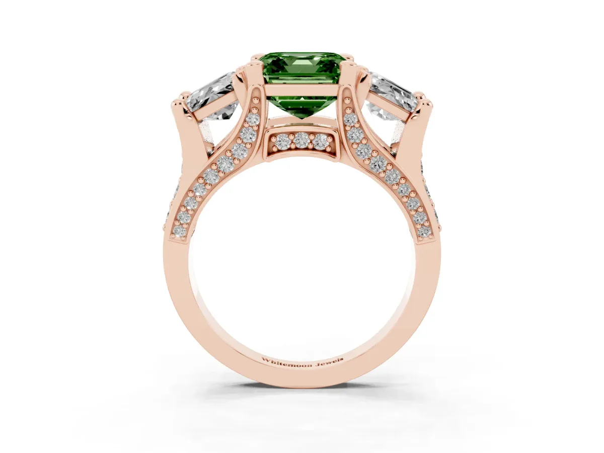 Fancy Green Asscher Cut Diamond Three-Stone Ring with Channel Set Band and Four-Prong Setting Rose gold