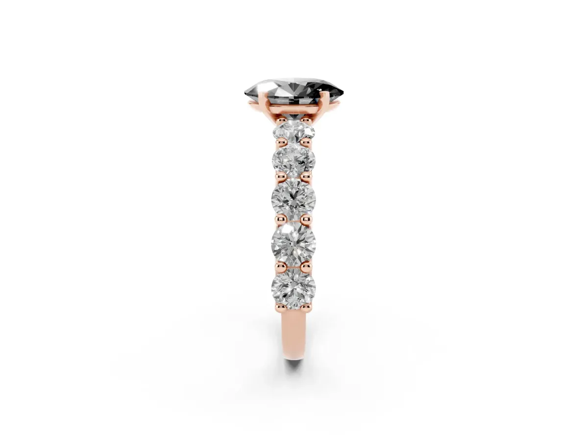 Fancy Black Oval Cut Diamond Prong Setting with Side Stones on a Pave Band Rose gold
