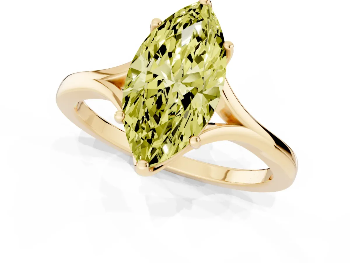 Fancy Yellow Marquise Cut Solitaire Diamond Ring with Six-Prong Setting and Tapered Band Yellow gold
