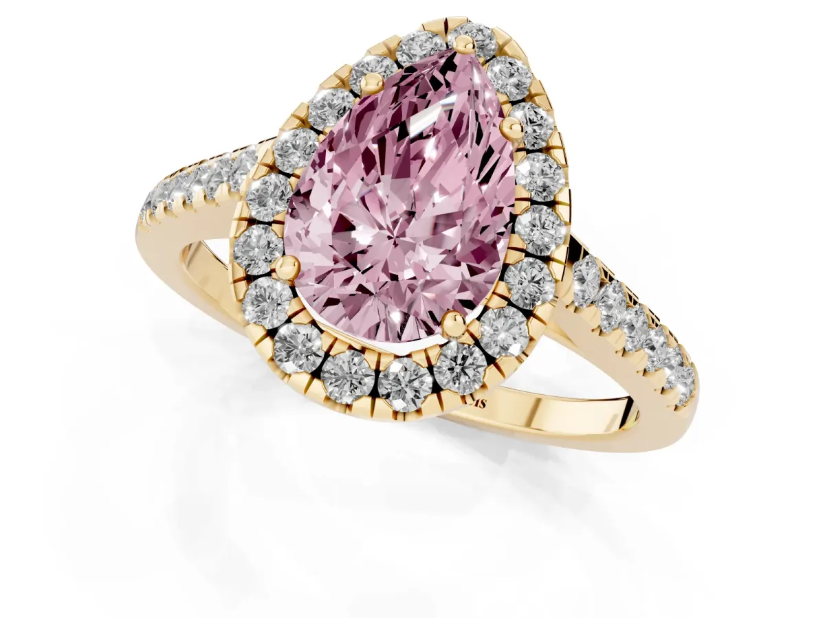 Fancy Pink Pear Cut Halo Pave Diamond Engagement Ring with Four-Prong Setting Yellow gold
