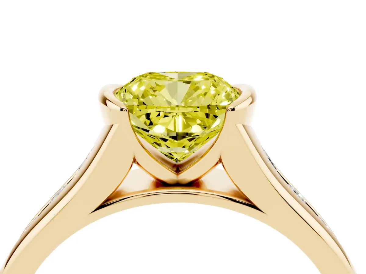 Fancy Yellow Cushion Cut Solitaire Bezel-Set Diamond Ring with Channel-Set Band Yellow gold