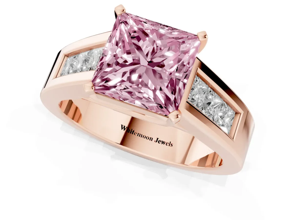 Fancy Pink Princess Cut Cut Channel Set Solitaire Ring with Four-Prong Setting Rose gold