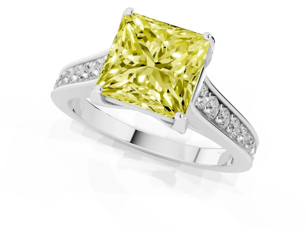 Fancy Yellow Princess Cut Brilliant Cut Diamond Engagement Ring with Pavé Band and Four-Prong Setting White gold