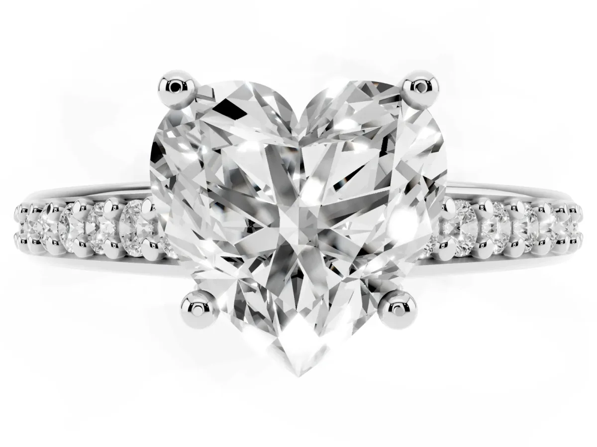 Heart Cut Solitaire Prong Set Diamond Engagement Ring with Pave Band Silver