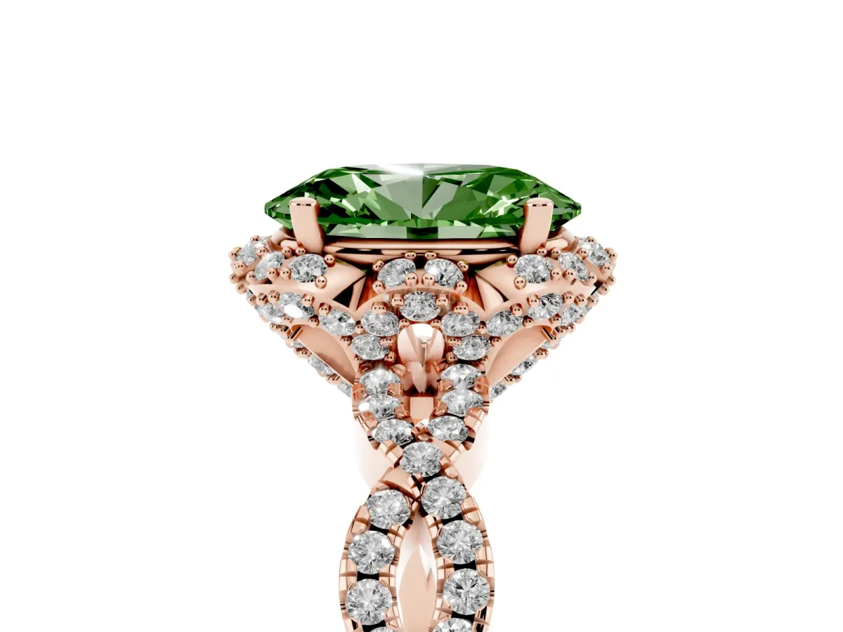 Fancy Green Oval Cut Halo Twist Band Solitaire Ring with Six-Prong Setting Rose gold