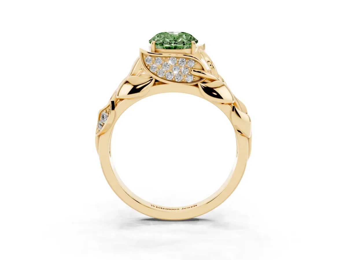 Fancy Green Oval Cut Diamond Leaf-Inspired Engagement Ring with Round Accents and Prong Setting Yellow gold