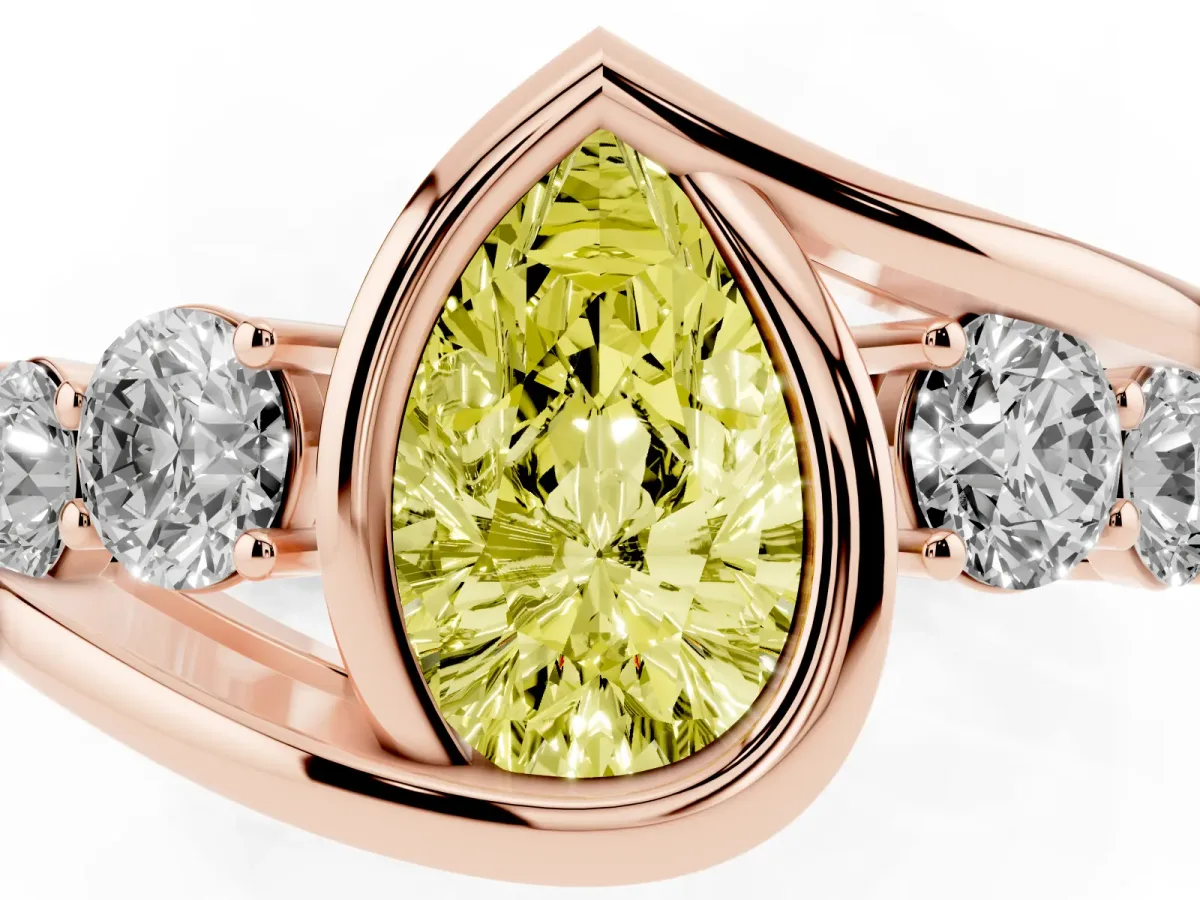 Fancy Yellow Bezel Set Pear Cut Diamond Bypass Ring with Round Accents Rose gold