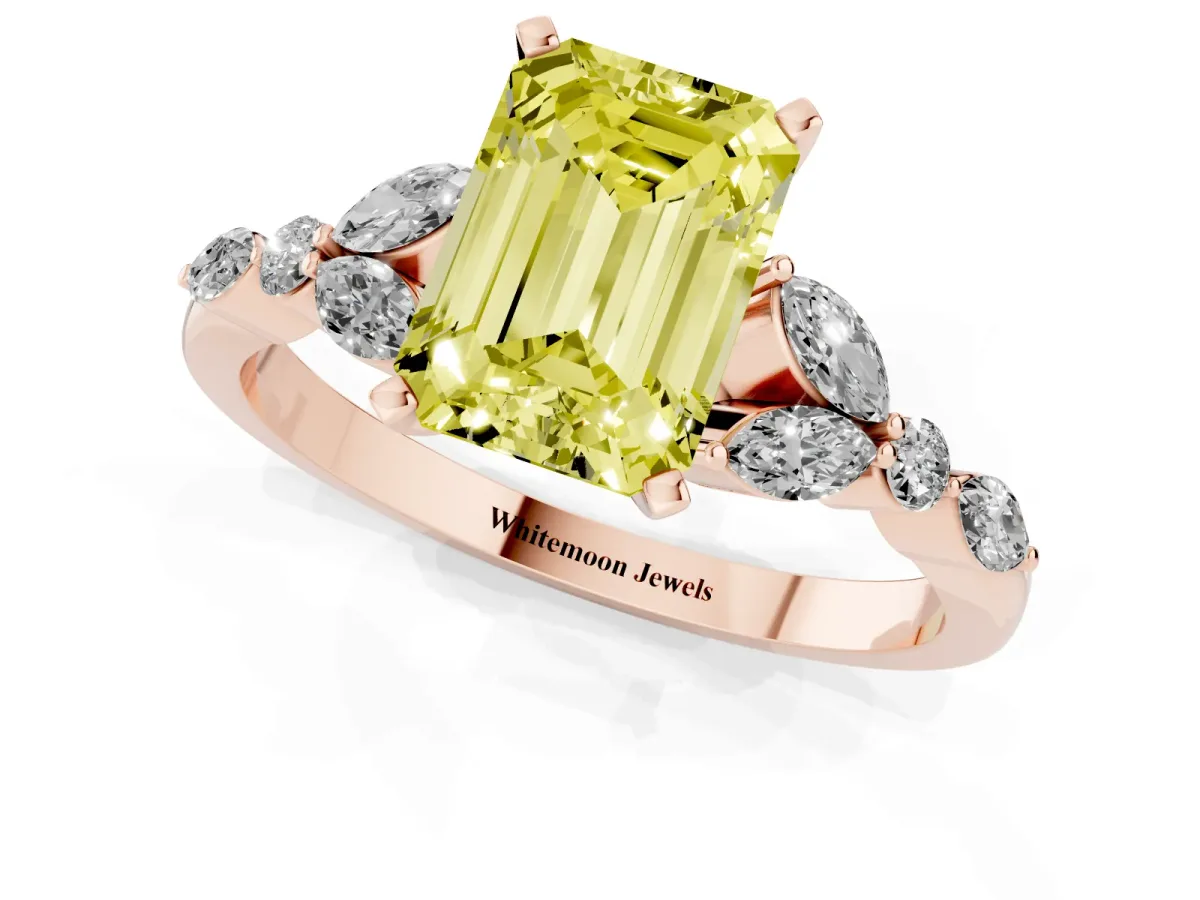 Fancy Yellow Emerald Cut Diamond Solitaire Ring with Side Stones and Four-Prong Setting Rose gold