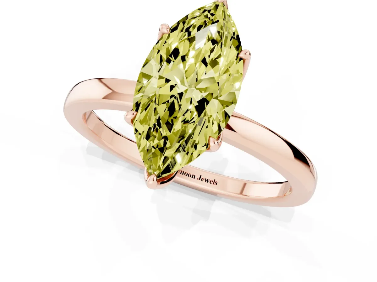 Fancy Yellow Marquise Cut Diamond Solitaire Ring with Thin Band and Prong Setting Rose gold