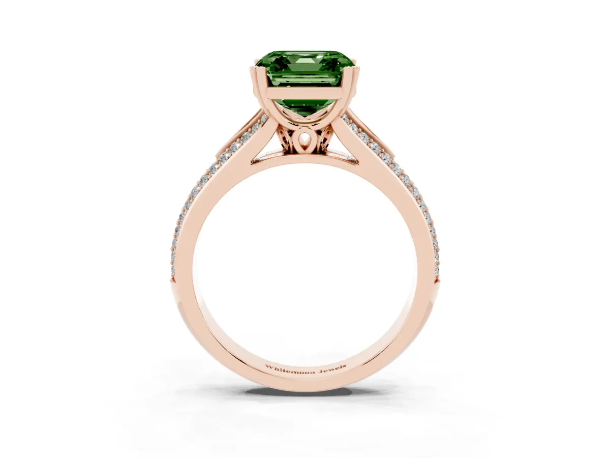 Fancy Green Asscher Cut Diamond Split Shank Engagement Ring with Pavé Band Rose gold