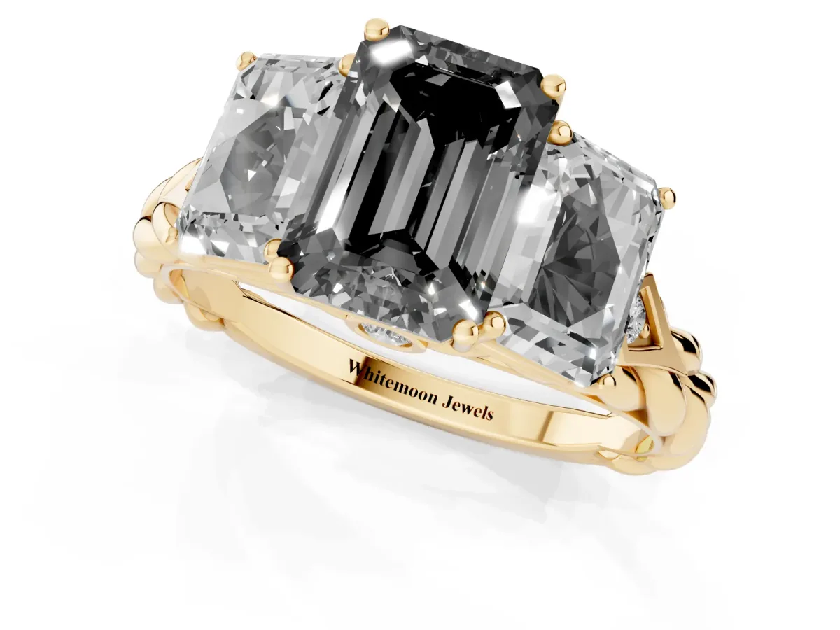 Fancy Black Three-Stone Emerald Cut Diamond Braided Band Ring with Four-Prong Setting Yellow gold