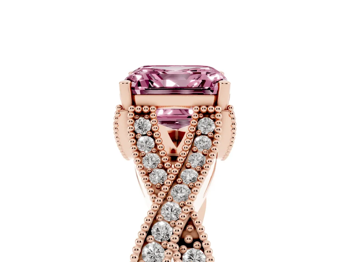Fancy Pink Asscher Cut Cut Diamond Twisted Band with Milgrain Pave Setting and Four-Prong Setting Rose gold