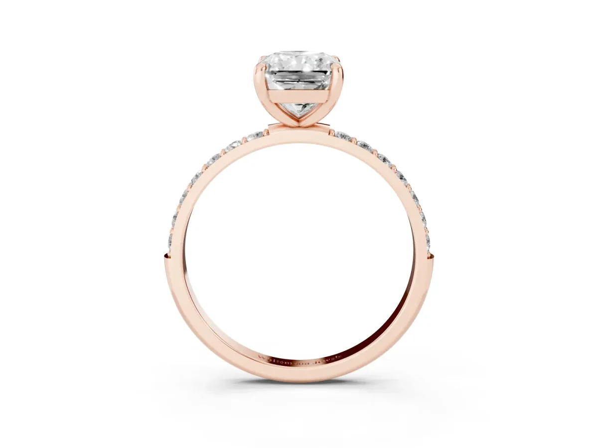 Radiant Cut Diamond Solitaire Ring with Round Pavé Band and Prong Setting Rose gold