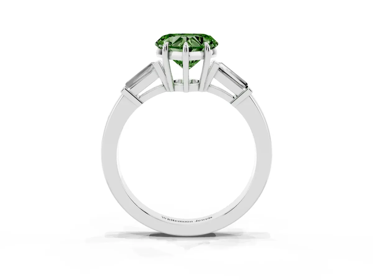 Fancy Green Heart Cut Diamond Three-Stone Ring with Tapered Baguette Side Stones and Prong Setting Platinum