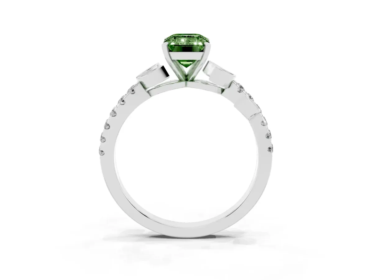Fancy Green Emerald Cut Solitaire Leaf-Inspired Diamond Ring with Pavé Band and Four-Prong Setting Silver