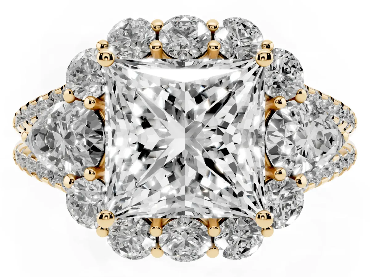 Princess Cut Halo Split Shank Diamond Engagement Ring with Prong Setting Yellow gold