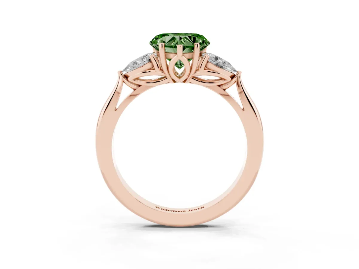 Fancy Green Heart Cut Diamond Three-Stone Ring with Pear Side Stones and Prong Setting Rose gold