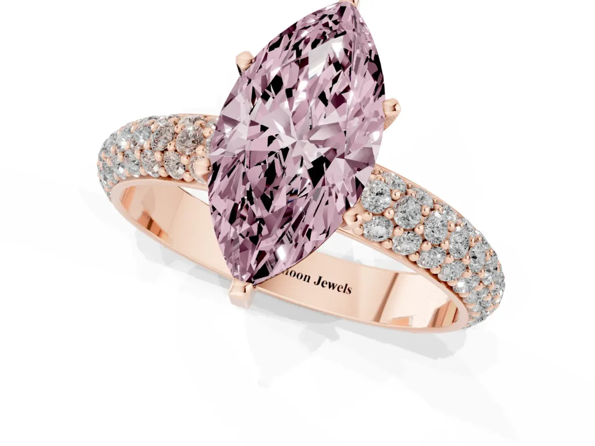 Fancy Pink Marquise Cut Diamond Solitaire Ring with Prong Setting and Pavé Band Rose gold