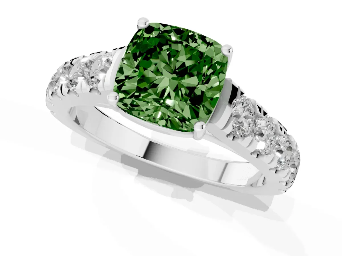 Fancy Green Cushion Cut Cut Diamond Solitaire Ring with Micro Pave Band and Prong Setting Silver