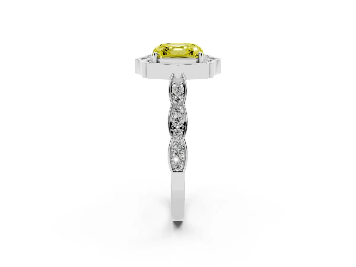 Fancy Yellow Asscher Cut Halo Diamond Engagement Ring with Milgrain Band and Four-Prong Setting White gold